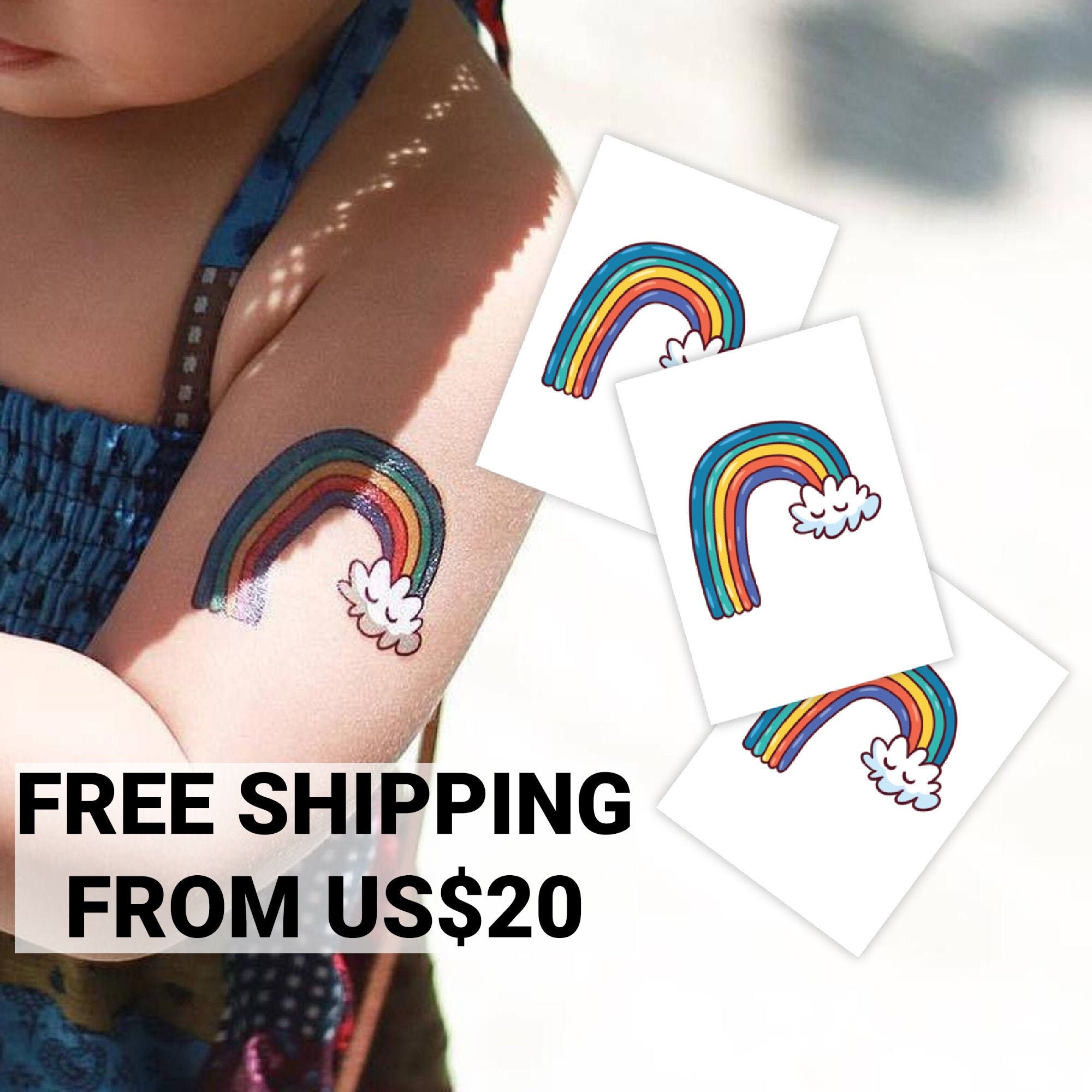 Rainbow party temporary tattoo transfers. Set of 3 Cloud with rainbow…