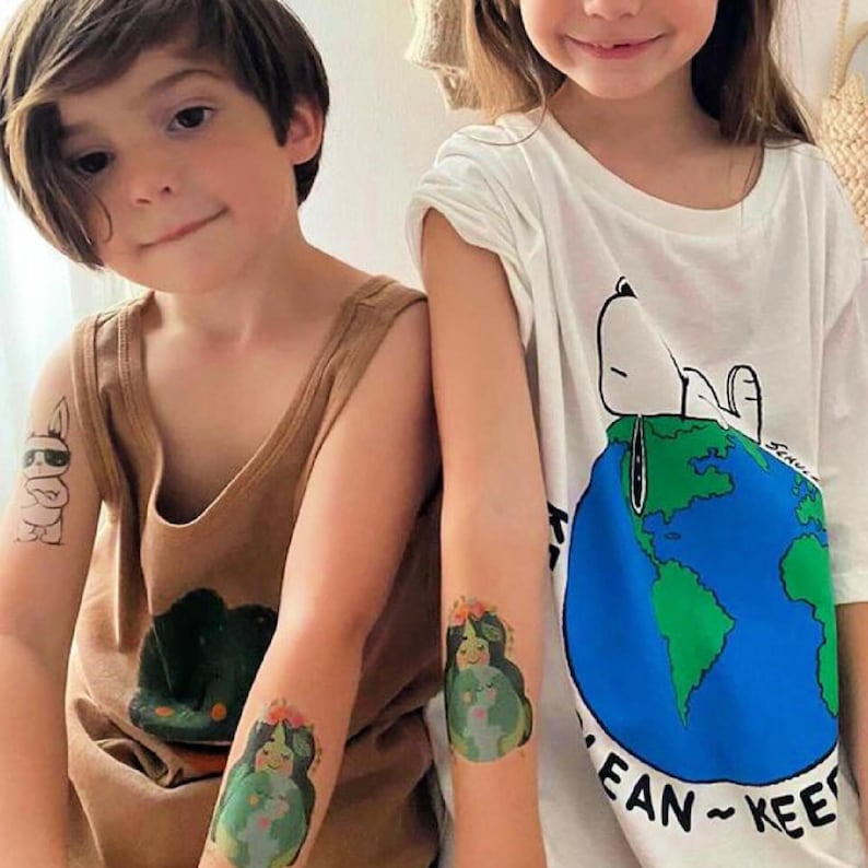 Boys Wearing Mother Earth Temporary Tattoo Transfers. Set of 3 Body Stickers. Earth Day Party Fake Tattoos To Promote Harmony With Nature.v