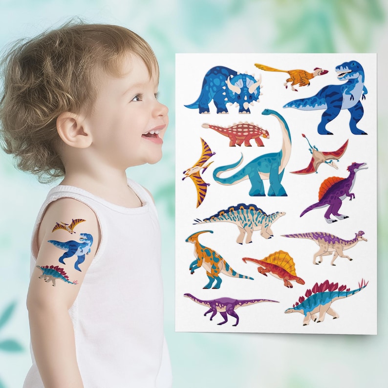 Dinosaur Temporary Tattoos Set. Dino Birthday Party Activity and Favors.