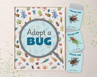 Adopt a Bug Kit: Insect Party Sign and Jar Beetle Holder Card.