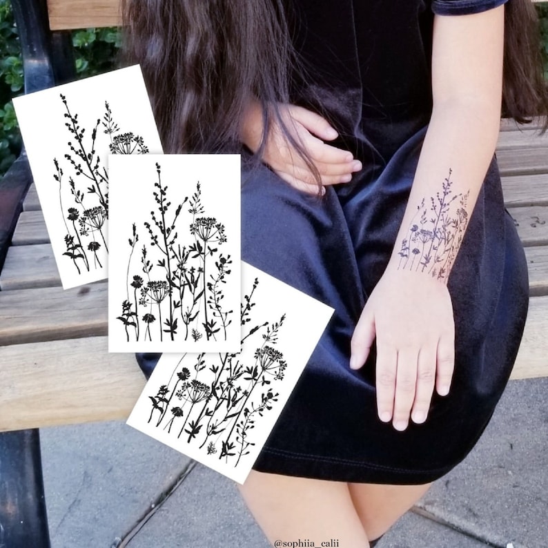 Wild Herbs Temporary Tattoo Transfers. Classic Black Ink Flowers Set of 3 Body Stickers. Floral Party Favors, Flower Party Supply, Gifts.