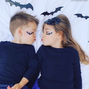 Siblings Wearing Halloween Vampire Bats Temporary Tattoos. No Candy Trick or Treat Favor. Spooky Party Favors. Kids Body Stickers
