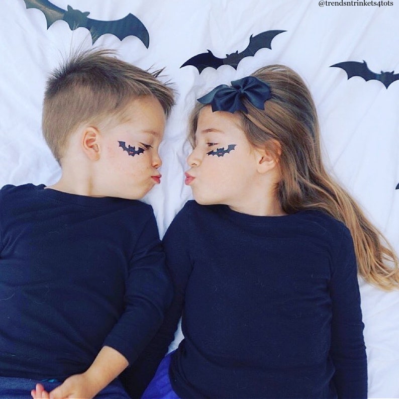 Siblings Wearing Halloween Vampire Bats Temporary Tattoos. No Candy Trick or Treat Favor. Spooky Party Favors. Kids Body Stickers