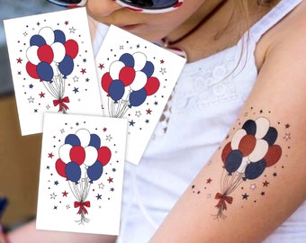 Fête aux Etats-Unis, tatouages temporaires de ballons. Nos cadeaux de premier anniversaire Petits pétards. Fournitures rouges, blanches et pour deux personnes.