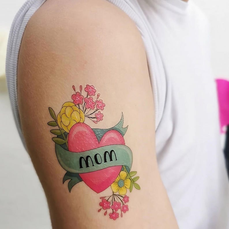 Mom Heart Tattoo. Mother's Day Set of 3 Temporary Tattoo Transfers of Heart And Flowers. Kids Body Stickers. Party Favors. Gifts for Moms.