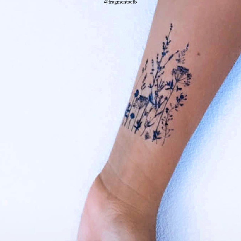 Wild Herbs Temporary Tattoo Transfers. Classic Black Ink Flowers Set of 3 Body Stickers. Floral Party Favors, Flower Party Supply, Gifts.