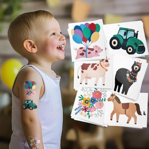 Tatuaggi temporanei per feste in fattoria. Animali da cortile e trattori come bomboniere per compleanni.