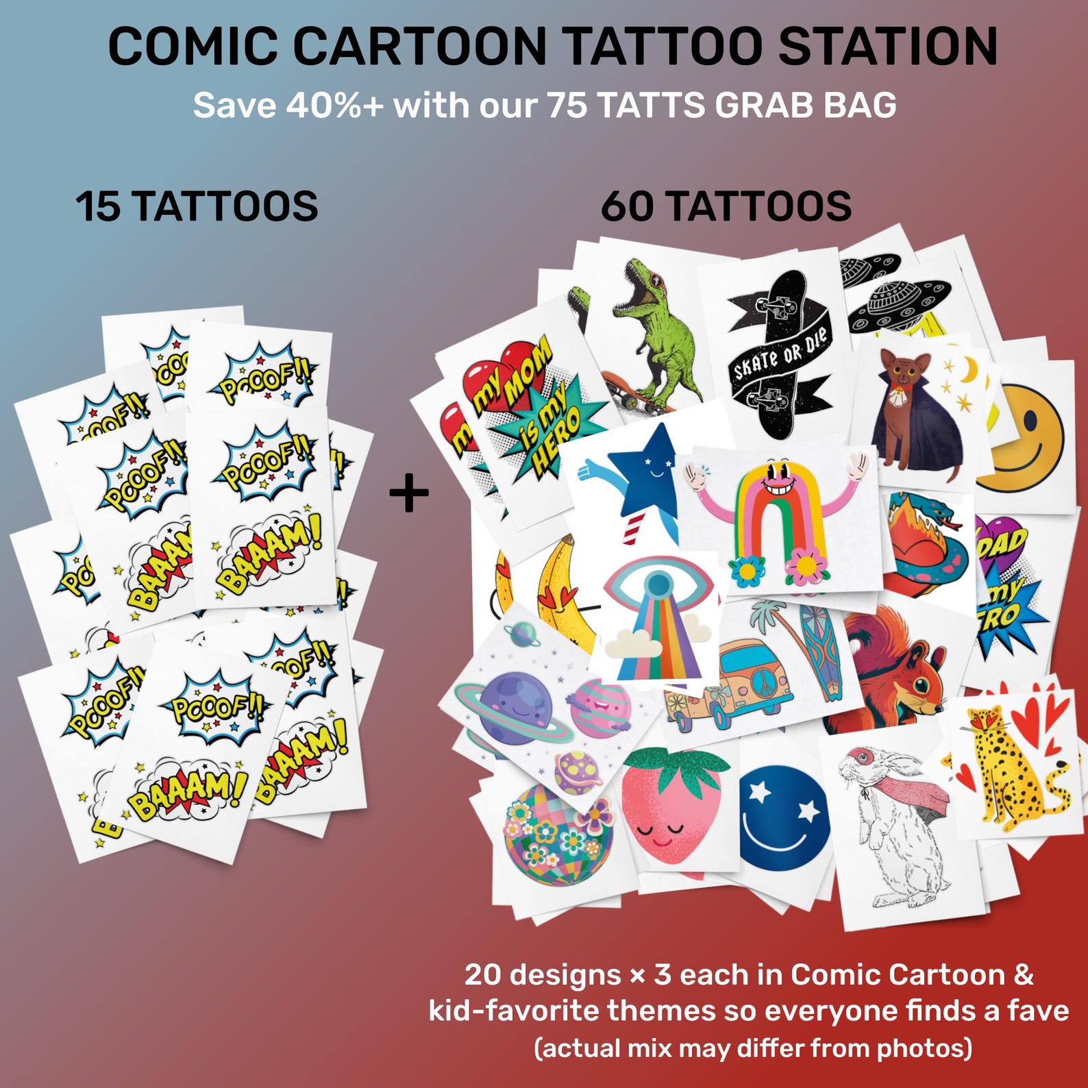 Pooof Baaam! and Pooof! Temporary Tattoo Transfers. Comic Style Super Hero ...