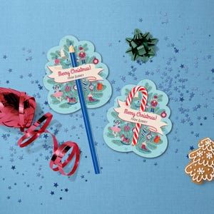 Etiqueta de lápis de árvore de Natal, suporte de bengala de doces. Cartão de presente de fim de ano para impressão em sala de aula.