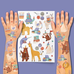 Geburtstags-Party-Tiere temporäre Tattoos. Tierparade Gastgeschenke. Regenbogen Sprinkles Best Day Ever Body Stickers. Geschenke für Kinder.
