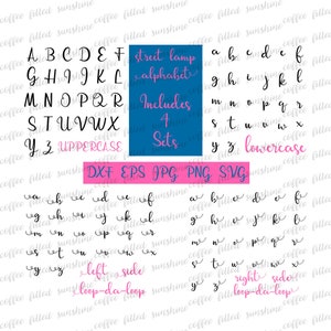 May include: A digital download of four sets of alphabet letters in a handwritten style. The sets include uppercase, lowercase, left-side loop-da-loop, and right-side loop-da-loop. The letters are black on a white background. The text "street lamp alphabet" is included in the image.