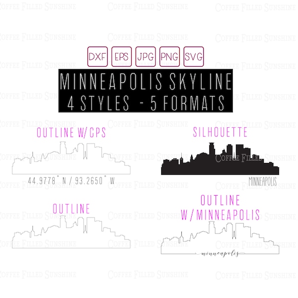 MINNEAPOLIS City Skyline - Digital Cut/Print Vector File - MN GPS Coordinates/Outline/Silhouette - Instant Download dxf eps jpg png svg