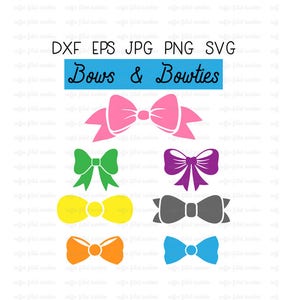May include: A set of six different colored bows and bowties. The bows and bowties are all in a simple, classic style. The colors are pink, green, yellow, orange, gray, and blue.