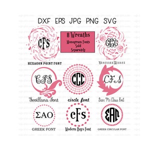 Pode incluir: Um download digital de 8 fontes de monograma em vários estilos, incluindo ponto hexagonal, círculo e grego. As fontes são mostradas em rosa e preto com o texto "CFS" e "CCC".