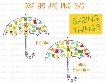 SPRING CLIPART, Digital, Coloré, Icônes de printemps, Parapluie, Vélo, Fleurs, Pluie, Téléchargement instantané, dxf, eps, jpg, png svg formats