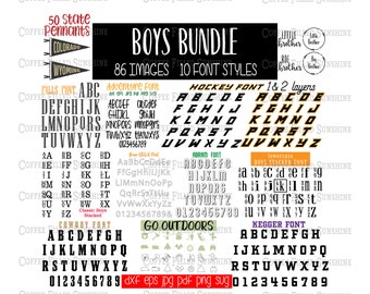 BOYS FONT BUNDLE - svg Vector Font, Cut/Print File, Instant Download, clipart, dxf eps jpg pdf png svg Coffee Filled Sunshine