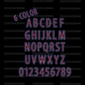 May include: A 6 color alphabet and number set with pink and blue neon outlines. The letters and numbers are outlined in blue and filled in pink. The background is black.