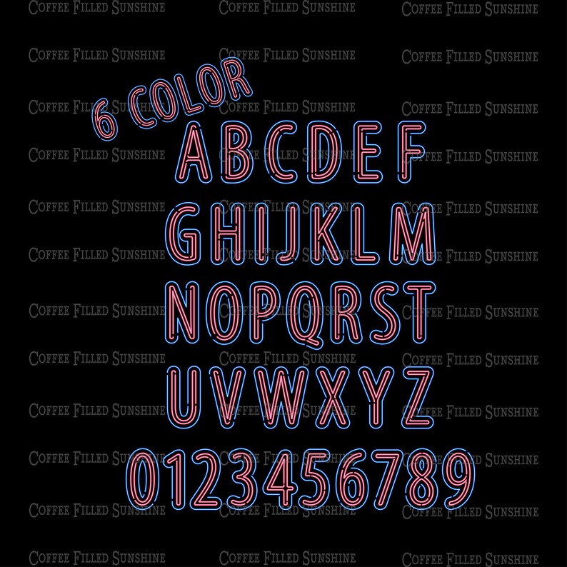May include: A 6 color alphabet and number set with pink and blue neon outlines. The letters and numbers are outlined in blue and filled in pink. The background is black.