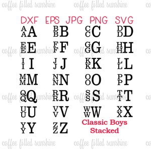 Może przedstawiać: Na białym tle prezentowany jest alfabet w klasycznej czarnej czcionce. Obraz zawiera słowa "Classic Boys Stacked" w kolorze czerwonym, a także skróty typów plików: DXF, EPS, JPG, PNG i SVG.