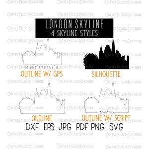 ロンドン シティ スカイライン - インスタント デジタル ダウンロード、GPS 座標/アウトライン/シルエット dxf eps jpg pdf png svg コーヒーがいっぱいの太陽