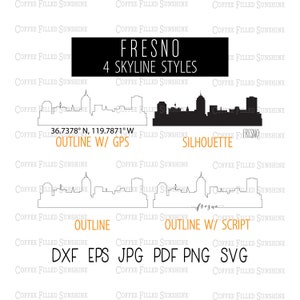 FRESNO CA City SKYLINE - Instant Digital Download, gps Coordinates/Outline/Silhouette dxf eps jpg pdf png svg Coffee Filled Sunshine