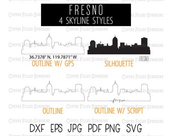 FRESNO CA City SKYLINE - Instant Digital Download, gps Coordinates/Outline/Silhouette dxf eps jpg pdf png svg Coffee Filled Sunshine