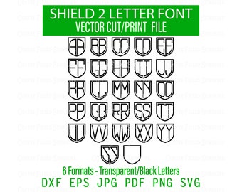 May include: A black and white alphabet font in a shield shape. The font is available in six formats: DXF, EPS, JPG, PDF, PNG, and SVG.