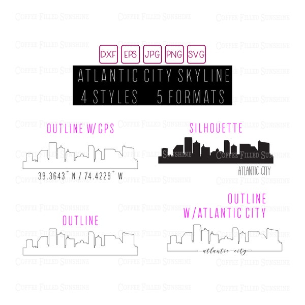 ATLANTIC CITY NJ Skyline - Digital Cut/Print Vector File - gps Coordinates/Outline/Silhouette, dxf eps jpg png svg