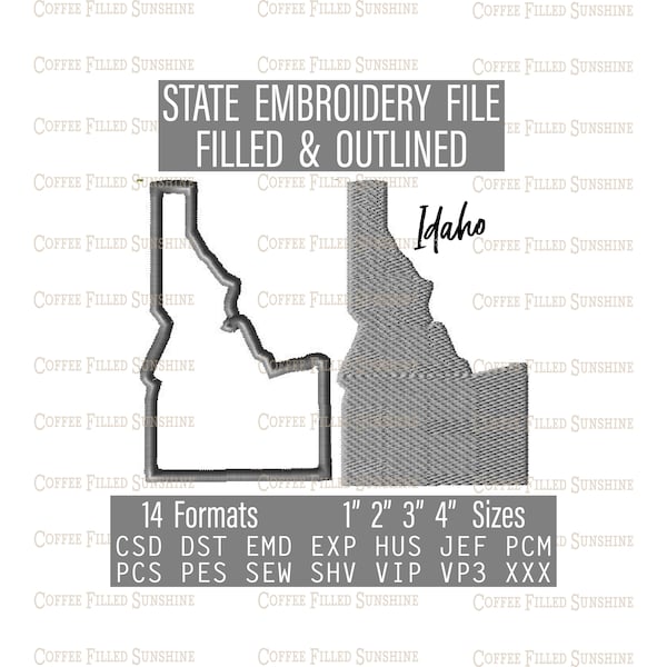 IDAHO EMBROIDERY File - Digital Download, 4 ID State Sizes csd dst emd exp hus jef pcm pcs pes sew shv vip vip3 xxx Coffee Filled Sunshine