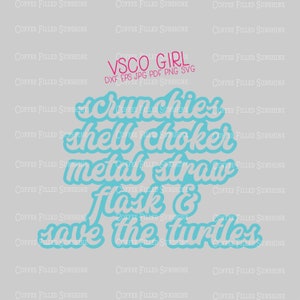 Puede incluir: Un gráfico azul claro con el texto "VSCO GIRL" en rosa, y el texto "scrunchies, shell choker, metal straw, flask & save the turtles" en una fuente estilizada azul claro.