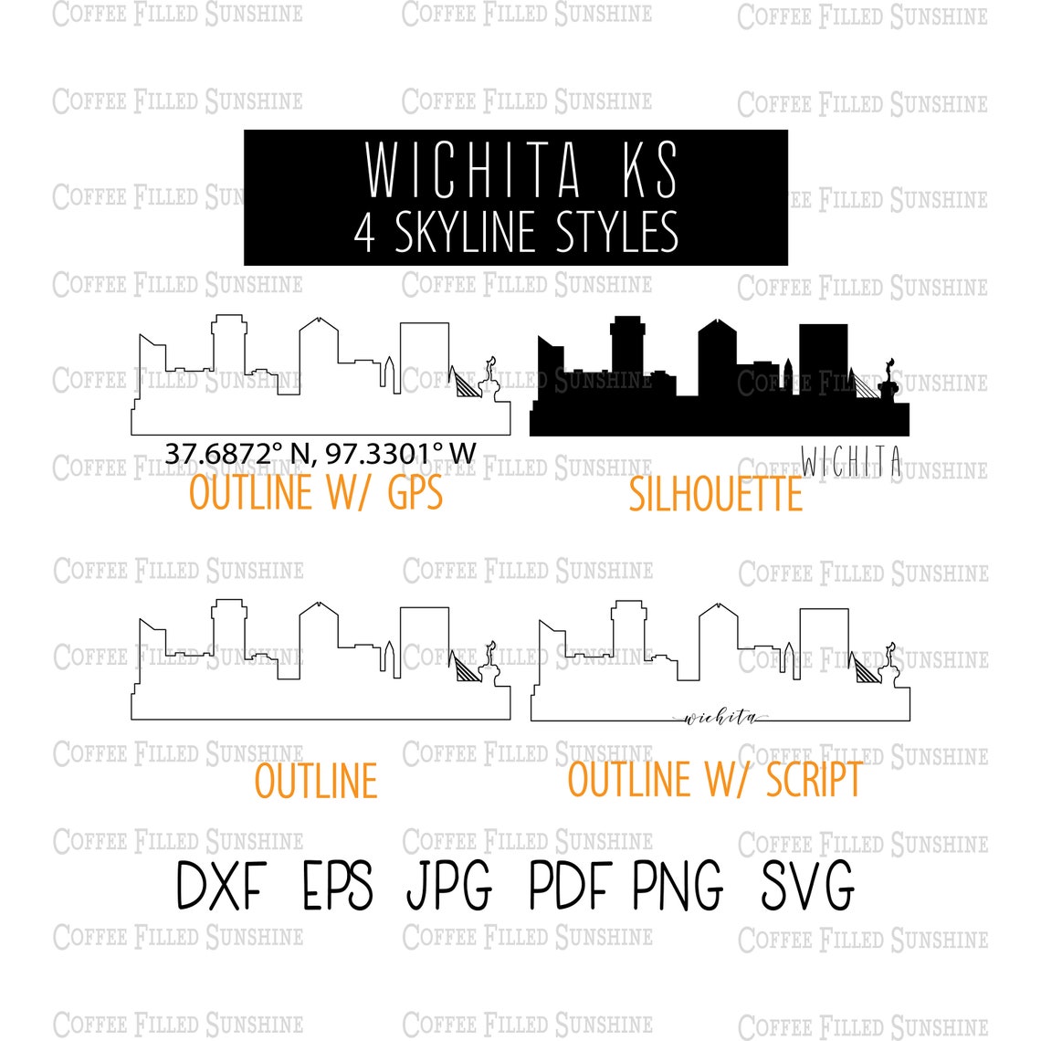 Wichita Svg WICHITA KS City SKYLINE - Instant Digital Download, Gps Coordinates ...
