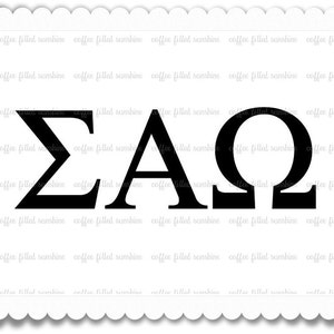 May include: Black and white image of the Greek letters Sigma, Alpha, and Omega. The letters are in a bold, serif font.