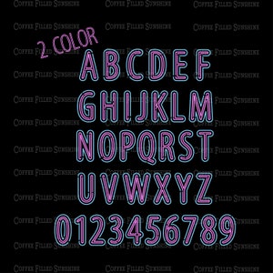 May include: Neon alphabet and numbers in pink and blue. The letters and numbers are outlined in a contrasting color. The letters are uppercase and the numbers are in a standard font.