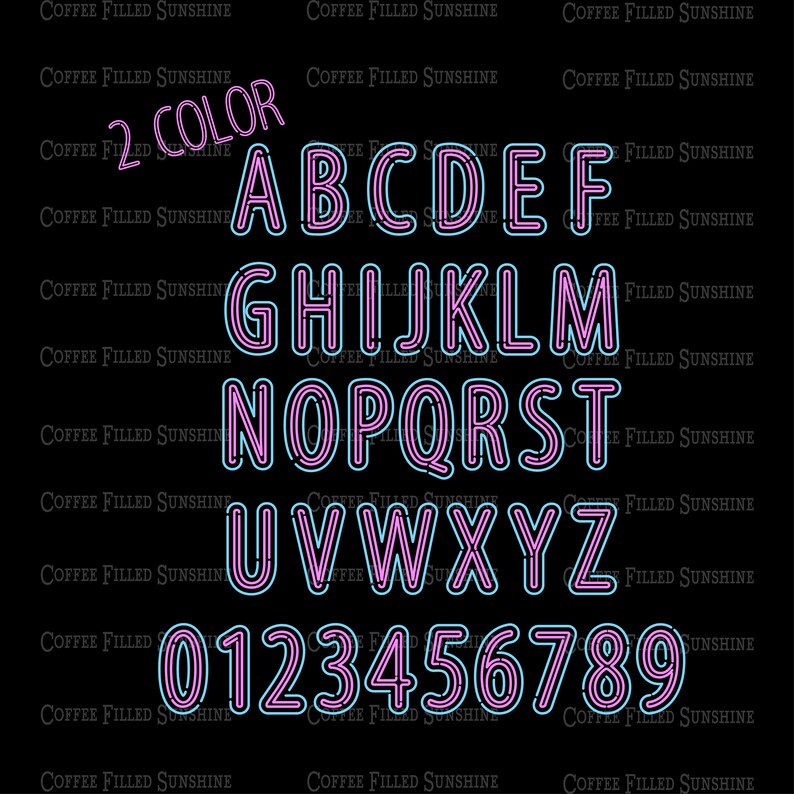 May include: Neon alphabet and numbers in pink and blue. The letters and numbers are outlined in a contrasting color. The letters are uppercase and the numbers are in a standard font.