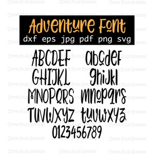 May include: A black and white image of a handwritten font called "Adventure Font". The font includes uppercase and lowercase letters, numbers, and punctuation marks.
