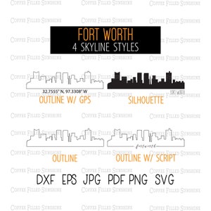 FORT WORTH City Skyline - Instant Digital Download, Fort Worth gps Coordinates/Outline/Silhouette, tx monogram dxf eps jpg pdf png svg