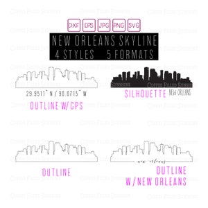 NOVA ORLEANS Louisians Skyline - Download digital instantâneo, coordenadas GPS de Nova Orleans / contorno / silhueta, monograma, dxf eps jpg png svg
