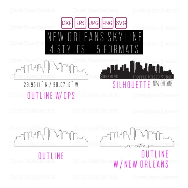 NEW ORLEANS Louisians Skyline - Instant Digital Download, New Orleans gps Coordinates/Outline/Silhouette, monogram, dxf eps jpg png svg