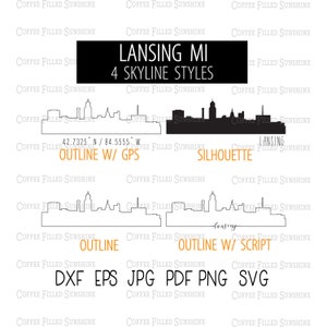 May include: Four different styles of the Lansing, Michigan skyline. The styles include an outline with GPS coordinates, a silhouette, an outline, and an outline with a script font. The text "Lansing MI 4 Skyline Styles" is at the top of the image. The text "DXF EPS JPG PDF PNG SVG" is at the bottom of the image.