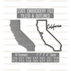May include: A gray outline of the state of California with the word "California" written in cursive. The state is also filled in with a gray pattern. The image includes the text "14 Formats" and "1" 2" 3" 4" Sizes" with a list of embroidery file formats and sizes.
