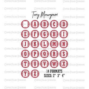 May include: A set of 26 red embroidered alphabet letters in a circular frame with a geometric design. The letters are available in 14 formats and three sizes: 2 inches, 3 inches, and 4 inches.