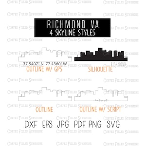 RICHMOND VA City SKYLINE - Instant Digital Download, gps Coordinates/Outline/Silhouette dxf eps jpg pdf png svg Coffee Filled Sunshine