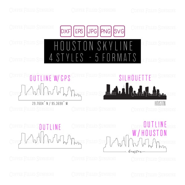 HOUSTON TEXAS Skyline - Instant Digital Download, Houston gps Coordinates/Outline/Silhouette, tx monogram, dxf eps jpg png svg