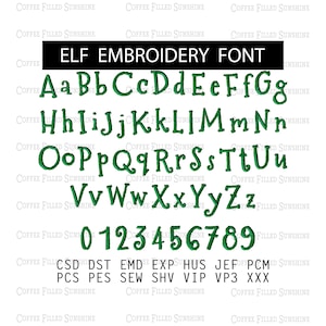 May include: Green embroidery font alphabet with uppercase and lowercase letters, numbers 0-9, and abbreviations: CSD, DST, EMD, EXP, HUS, JEF, PCM, PCS, PES, SEW, SHV, VIP, VP3, XXX.