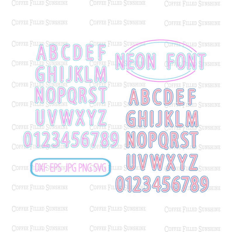May include: A neon font alphabet in pink and blue with a double outline. The letters are uppercase and include numbers 0-9. The text "NEON FONT" is in a circle with a pink outline and a blue fill.