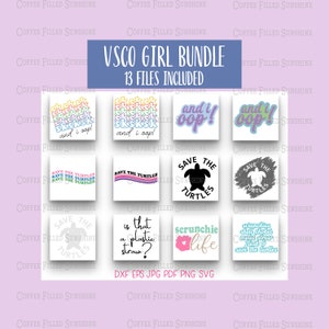 May include: A digital download bundle of 13 VSCO girl themed graphics. The graphics include phrases like "sksks and i oop!" and "scrunchie life" and images of turtles with the phrase "Save the Turtles".
