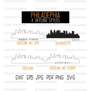 May include: A graphic featuring four Philadelphia skyline styles: outline with GPS coordinates, silhouette, outline, and outline with script. File formats include DXF, EPS, JPG, PDF, PNG, and SVG. The text "Philadelphia 4 Skyline Styles" is displayed.