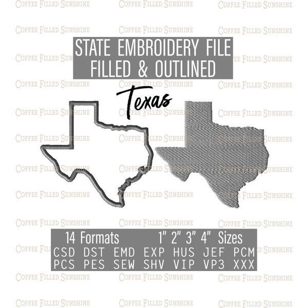 TEXAS EMBROIDERY File - Digital Download, 4 TX State Sizes csd dst emd exp hus jef pcm pcs pes sew shv vip vip3 xxx Coffee Filled Sunshine