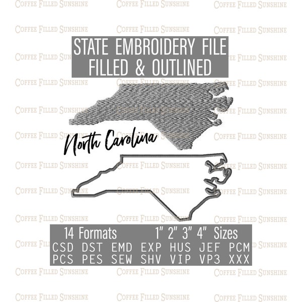 NORTH CAROLINA Embroidery File - Digital Download 4 NC Sizes csd dst emd exp hus jef pcm pcs pes sew shv vip vip3 xxx Coffee Filled Sunshine