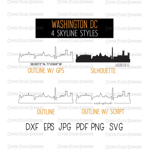 WASHINGTON DC City Skyline - Instant Digital Download, washington gps Coordinates/Outline/Silhouette dc monogram dxf eps jpg pdf png svg